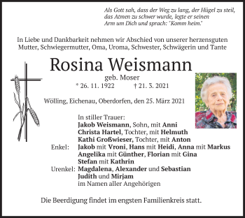 Traueranzeige von Rosina Weismann von merkurtz