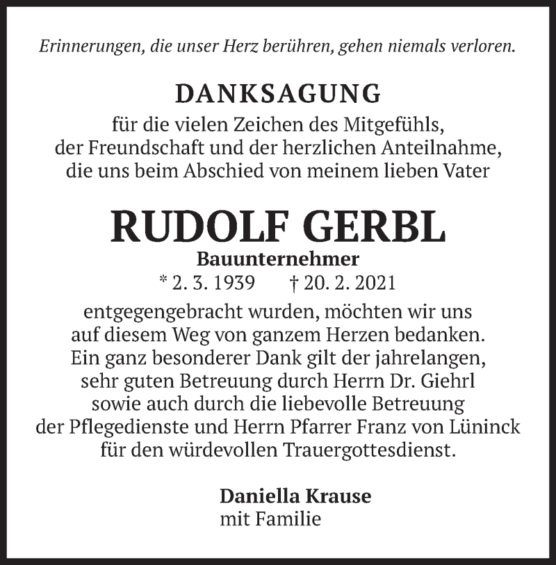  Traueranzeige für Rudolf Gerbl vom 02.03.2021 aus merkurtz
