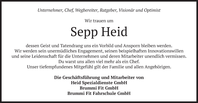  Traueranzeige für Sepp Heid vom 26.03.2021 aus merkurtz