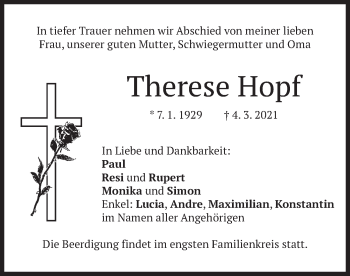 Traueranzeige von Therese Hopf von merkurtz