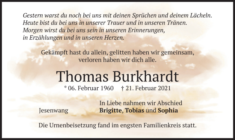  Traueranzeige für Thomas Burkhardt vom 13.03.2021 aus merkurtz