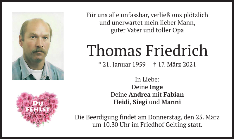  Traueranzeige für Thomas Friedrich vom 20.03.2021 aus merkurtz