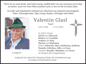 Traueranzeige von Valentin Glasl von merkurtz