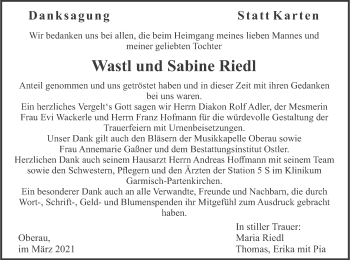 Traueranzeige von Wastl und Sabine  Riedl von merkurtz