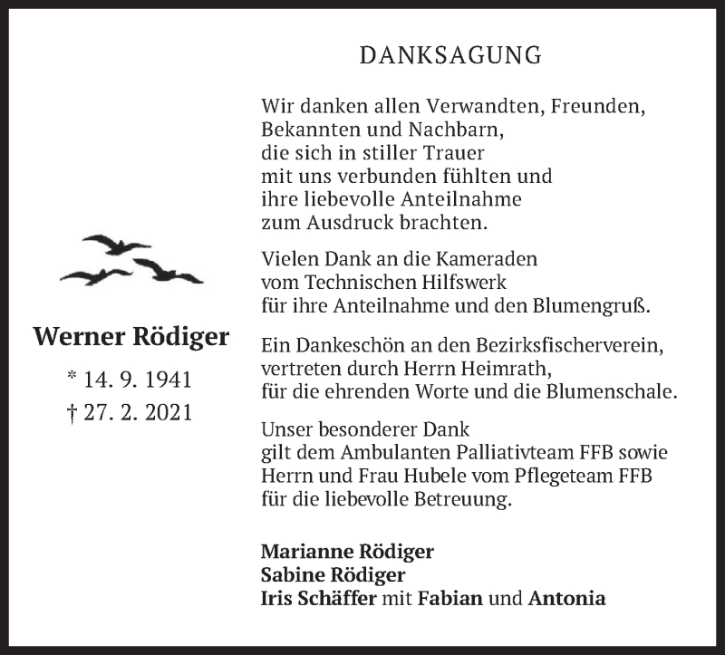  Traueranzeige für Werner Rödiger vom 27.03.2021 aus merkurtz