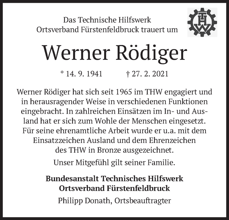  Traueranzeige für Werner Rödiger vom 27.03.2021 aus merkurtz