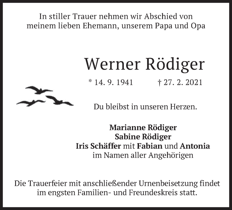  Traueranzeige für Werner Rödiger vom 06.03.2021 aus merkurtz