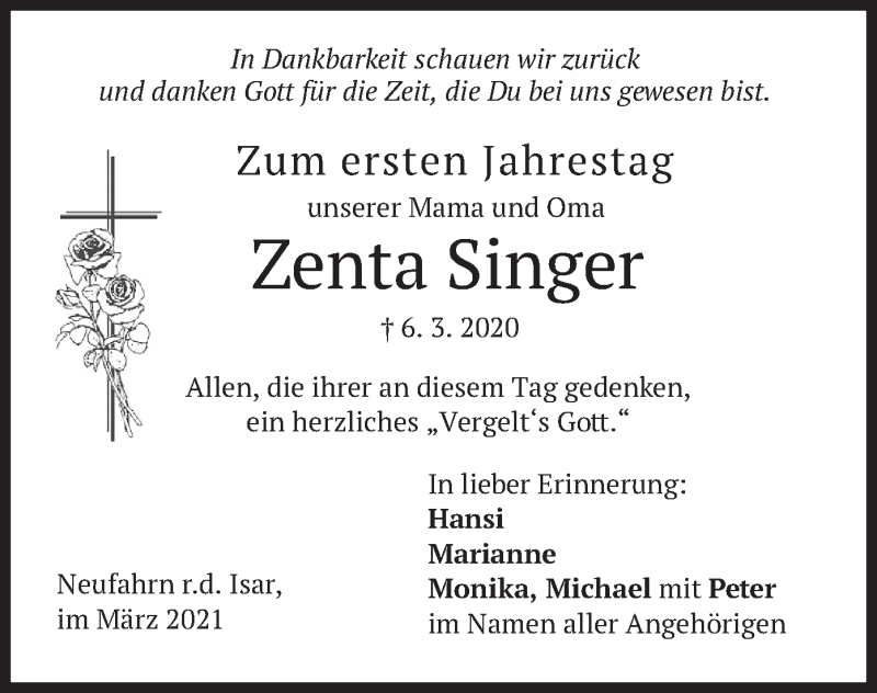  Traueranzeige für Zenta  Singer vom 06.03.2021 aus merkurtz