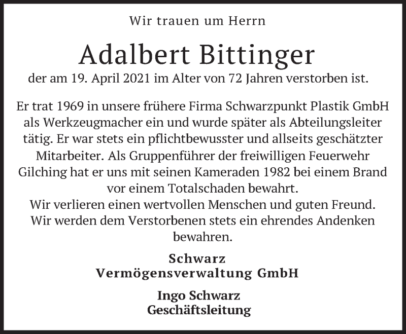  Traueranzeige für Adalbert Bittinger vom 24.04.2021 aus merkurtz