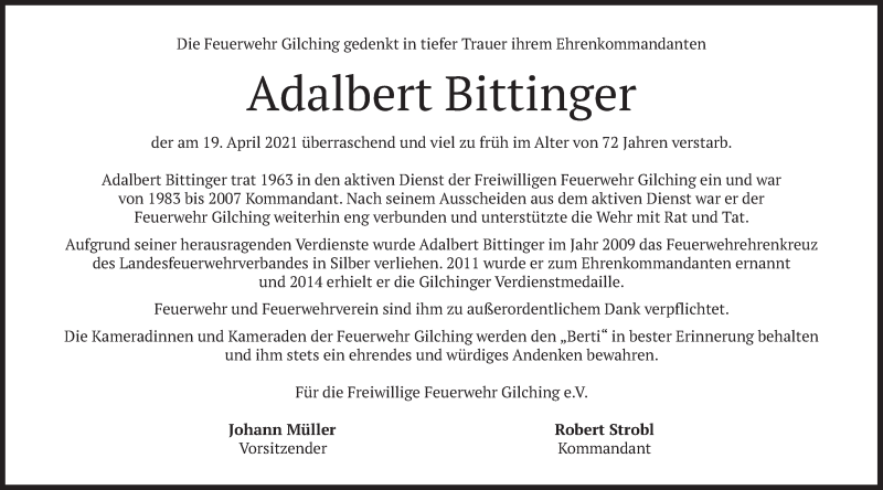  Traueranzeige für Adalbert Bittinger vom 22.04.2021 aus merkurtz