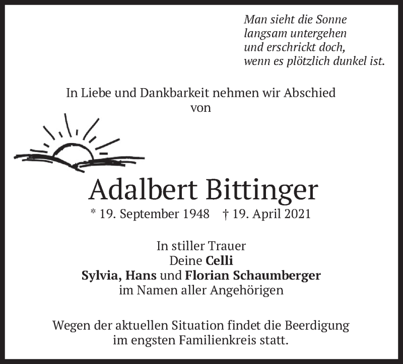  Traueranzeige für Adalbert Bittinger vom 21.04.2021 aus merkurtz