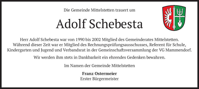  Traueranzeige für Adolf Schebesta vom 19.04.2021 aus merkurtz