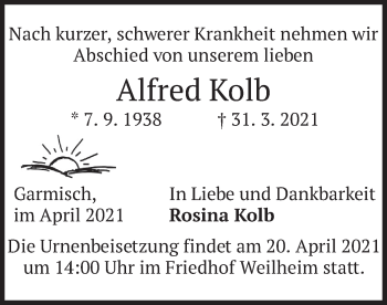 Traueranzeige von Alfred Kolb von merkurtz