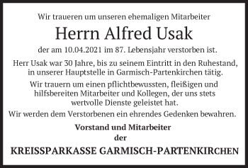 Traueranzeige von Alfred Usak von merkurtz