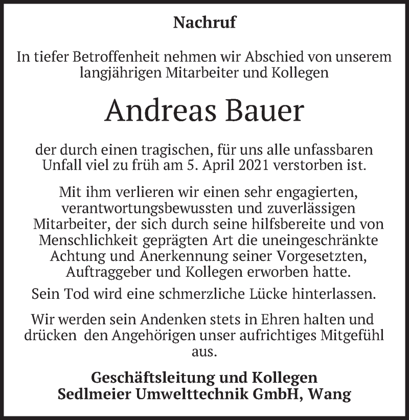  Traueranzeige für Andreas Bauer vom 15.04.2021 aus merkurtz