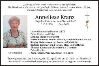 Traueranzeige von Anneliese Kranz von merkurtz
