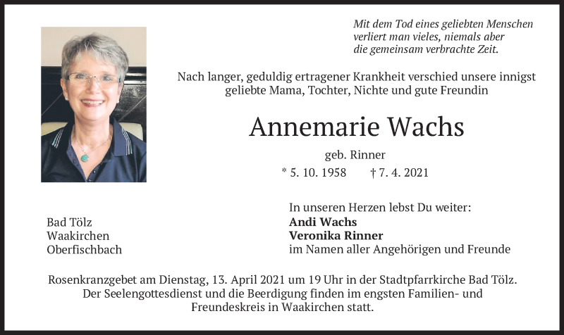  Traueranzeige für Annemarie Wachs vom 10.04.2021 aus merkurtz