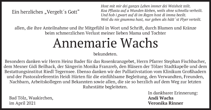  Traueranzeige für Annemarie Wachs vom 24.04.2021 aus merkurtz