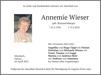 Traueranzeige von Annemie Wieser von merkurtz