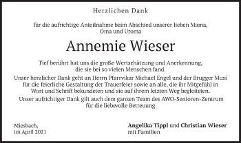 Traueranzeige von Annemie Wieser von merkurtz