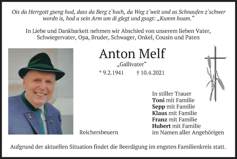  Traueranzeige für Anton Melf vom 14.04.2021 aus merkurtz