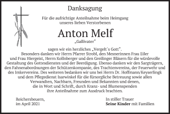 Traueranzeige von Anton Melf von merkurtz