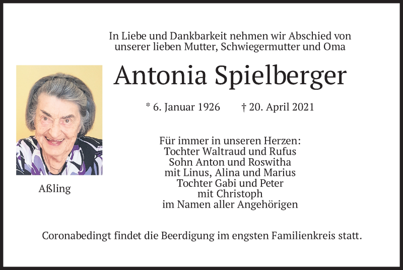  Traueranzeige für Antonia Spielberger vom 22.04.2021 aus merkurtz