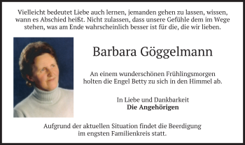 Traueranzeige von Barbara Göggelmann von merkurtz