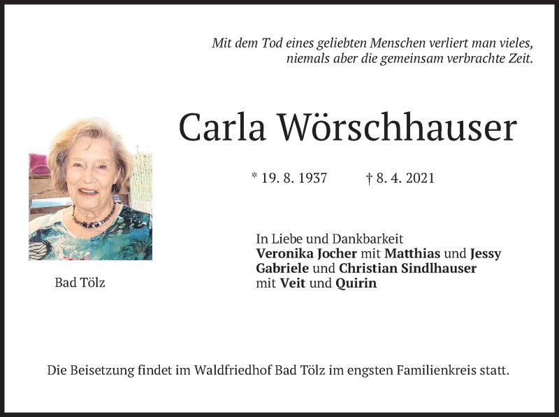  Traueranzeige für Carla Wörschhauser vom 10.04.2021 aus merkurtz