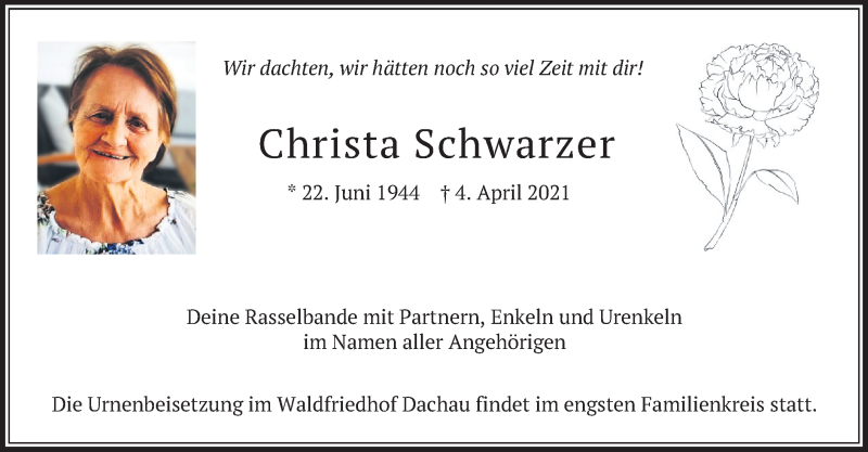  Traueranzeige für Christa Schwarzer vom 10.04.2021 aus merkurtz