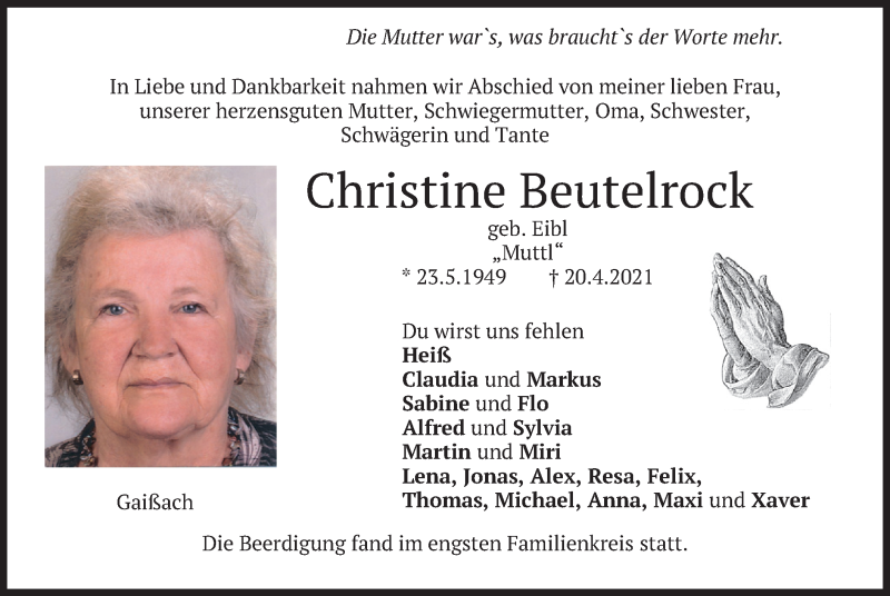  Traueranzeige für Christine Beutelrock vom 28.04.2021 aus merkurtz