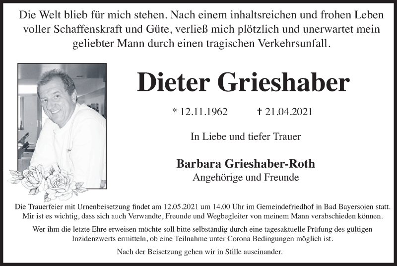  Traueranzeige für Dieter Grieshaber vom 30.04.2021 aus merkurtz