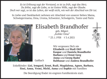 Traueranzeige von Elisabeth Brandhofer von merkurtz