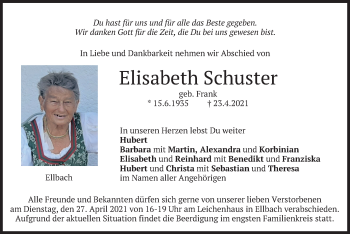 Traueranzeige von Elisabeth Schuster von merkurtz