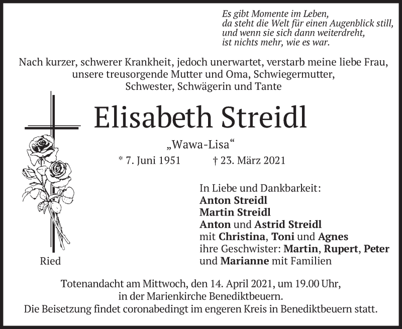  Traueranzeige für Elisabeth Streidl vom 09.04.2021 aus merkurtz