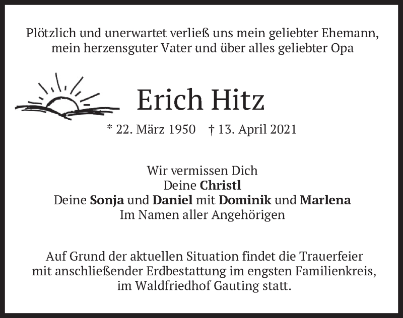  Traueranzeige für Erich Hitz vom 15.04.2021 aus merkurtz