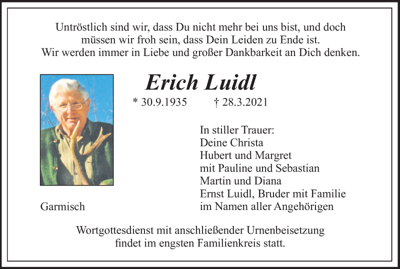  Traueranzeige für Erich Luidl vom 03.04.2021 aus merkurtz