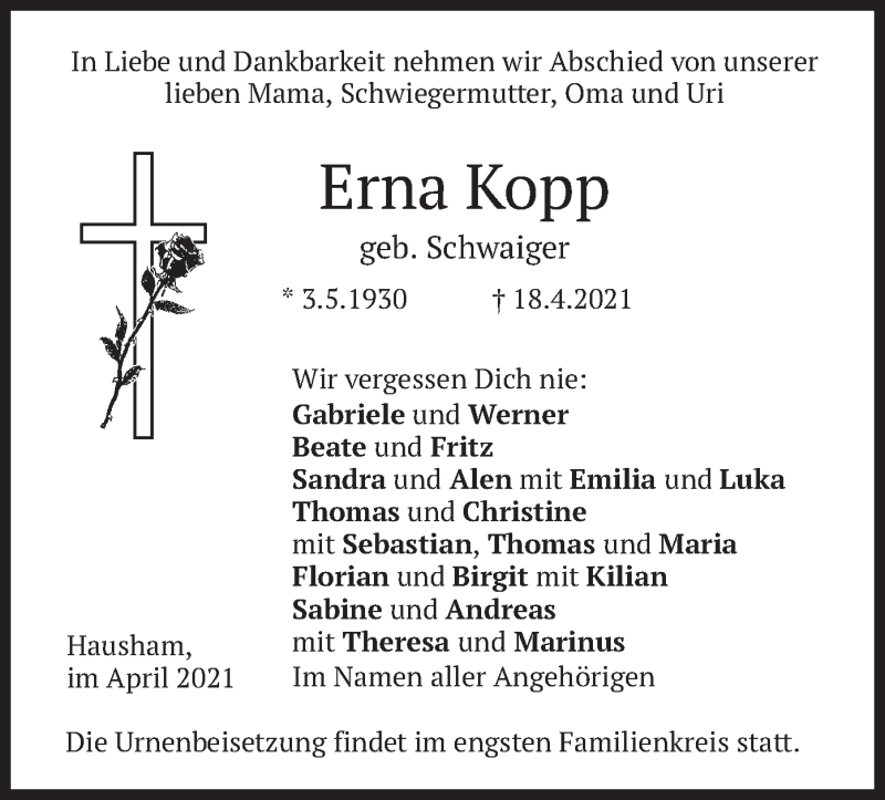  Traueranzeige für Erna Kopp vom 24.04.2021 aus merkurtz
