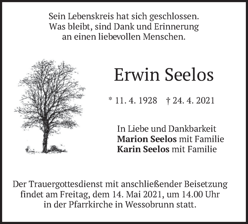  Traueranzeige für Erwin Seelos vom 30.04.2021 aus merkurtz