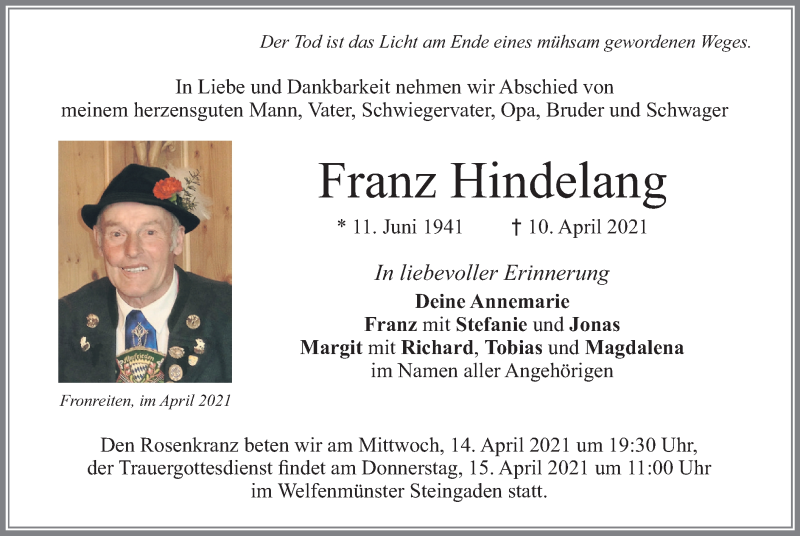  Traueranzeige für Franz Hindelang vom 13.04.2021 aus merkurtz