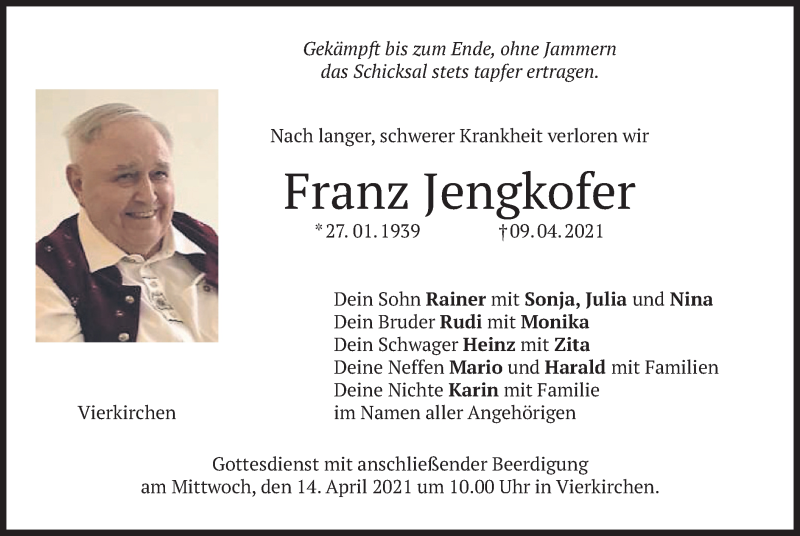  Traueranzeige für Franz Jengkofer vom 13.04.2021 aus merkurtz