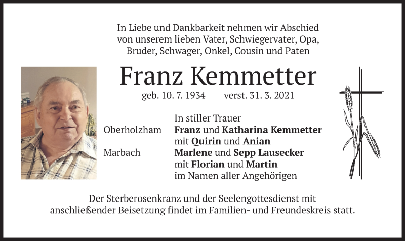  Traueranzeige für Franz Kemmetter vom 03.04.2021 aus merkurtz