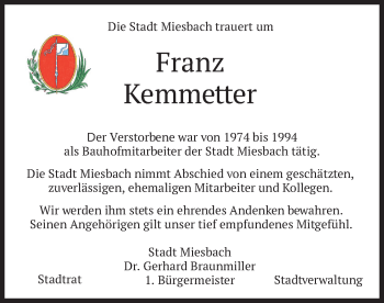 Traueranzeige von Franz Kemmetter von merkurtz