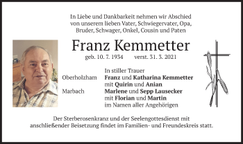Traueranzeige von Franz Kemmetter von merkurtz