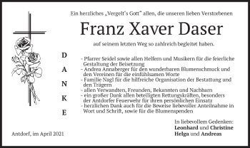 Traueranzeige von Franz Xaver Daser von merkurtz