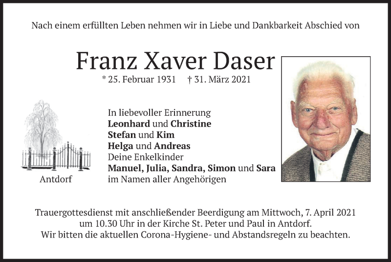  Traueranzeige für Franz Xaver Daser vom 03.04.2021 aus merkurtz
