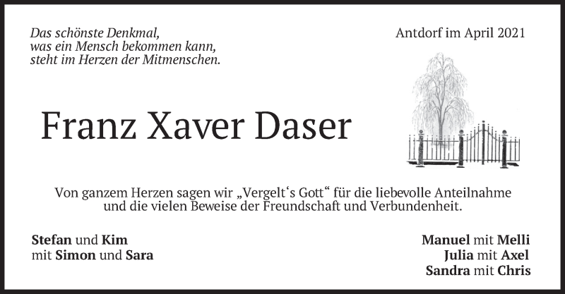  Traueranzeige für Franz Xaver Daser vom 24.04.2021 aus merkurtz