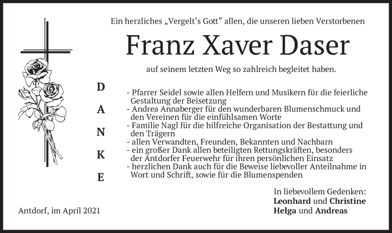  Traueranzeige für Franz Xaver Daser vom 24.04.2021 aus merkurtz