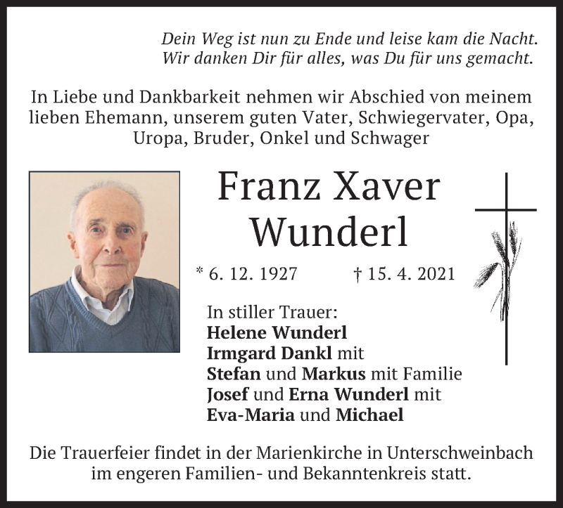  Traueranzeige für Franz Xaver Wunderl vom 24.04.2021 aus merkurtz