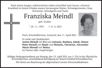 Traueranzeige von Franziska Meindl von merkurtz